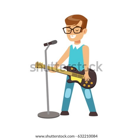 Young smiling boy playing guitar and singing with microphone. instrument, music lesson. Colorful character vector Illustration