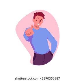 Joven sonriente apuntando con el dedo hacia el estilo plano, ilustración vectorial aislada en fondo blanco. Elemento de diseño decorativo, carácter emocional, gesto