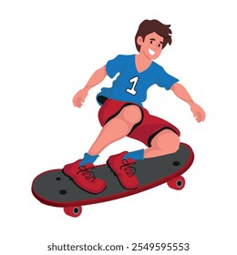 young smiling boy practicing adventure sport on a skateboard. vector illustration.