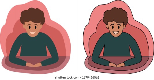 Un niño sonriente se sienta a una mesa y estudia temas. Tarjeta o pegatina de la universidad. Estudiante o escolar se prepara para los exámenes en una universidad o escuela. Ilustración vectorial de color caricatura plana.