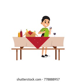 Young smiling boy spending time outdoors. Teenager stand near picnic table with food and fill glass with drink. Vector flat character on white