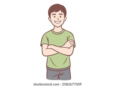 Young smiling boy standing with crossed arms and looking at the camera. Hand drawn style vector design illustrations.
