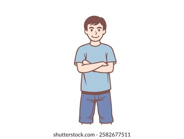 Young smiling boy standing with crossed arms and looking at the camera. Hand drawn style vector design illustrations.
