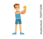 Young smiling boy with a third place medal, kid celebrating his bronze medal cartoon vector Illustration