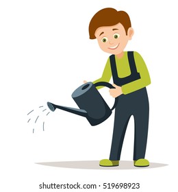 young smiling boy volunteer is watering plants vector illustration on white background