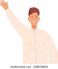 Young smiling boy waving hand in greeting gesture isolated on white background