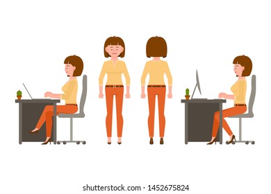 Young, smiling brown hair businesswoman in orange pants vector illustration. Sitting, typing on key board, standing front and back view girl cartoon character set