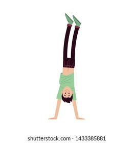A young smiling brunet man in a tshirt and pants raised his hand up. Isolated vector illustration in flat cartoon style on white background.