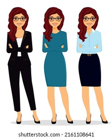 Young smiling brunette woman. Business suit. Flat style on a white background. Cartoon.