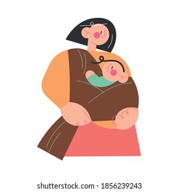 Young smiling brunette woman mother carrying her small baby toddler in brown sling