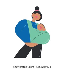Young smiling brunette woman mother carrying her small baby toddler in green cotton sling