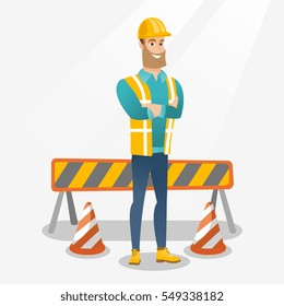 Young smiling builder standing with arms crossed. Confident builder in hard hat. Caucasian builder in helmet standing on the background of road barriers. Vector flat design illustration. Square layout