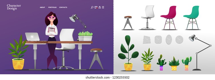 Young smiling business girl on office background in cartoon style. Set of office design elements for print, web design and traffic. Isolated objects on pink, purple background. Tables, chairs, lamps