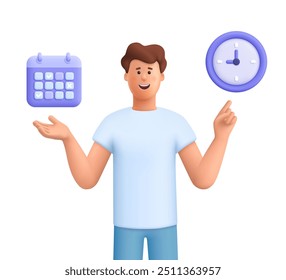 Jovem homem de negócios sorridente apontando para o calendário e o relógio. Gerenciamento de tempo, tempo, auto-organização, conceito de planejamento de negócios. personagem de pessoas vetoriais 3d. Estilo mínimo de desenho animado.