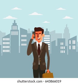 Young, smiling business man talking on her phone in a city street