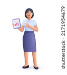 Young smiling business woman or office worker stands and holds work documents folder. 3d vector people character illustration. Cartoon minimal style.