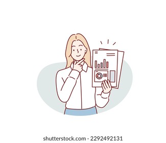 Young smiling business woman or office worker stands and holds work documents folder. Hand drawn style vector design illustrations.