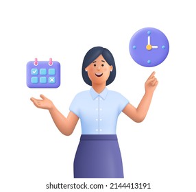 Young Smiling Business Woman Pointing To Calendar And Clock.Time Management, Timing, Self Organization, Business Planning Concept. 3d Vector People Character Illustration.Cartoon Minimal Style.