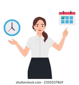 Mujer joven y sonriente que señala al calendario y al reloj. Gestión del tiempo, cronología, organización propia, concepto de planificación de negocios. Ilustración vectorial plana aislada en fondo blanco