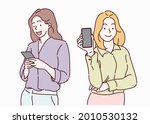 Young smiling business woman using smartphone. Hand drawn in thin line style, vector illustrations.
