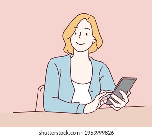 Young smiling business woman using smartphone. Hand drawn in thin line style, vector illustrations.