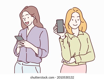 Joven mujer de negocios sonriente usando smartphone. Dibujado a mano en estilo de línea delgada, ilustraciones vectoriales.