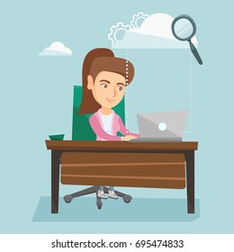 Young smiling business woman working on a laptop under the cloud. Caucasian business woman using cloud computing technologies. Cloud computing concept. Vector cartoon illustration. Square layout.