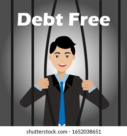 Young smiling businessman bending prison bars by his hands, ready to escape from debt, with wording "Dept Free", Vector Illustration.