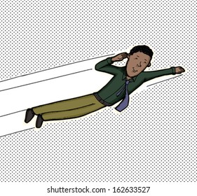 Young smiling businessman flying over halftone dot background