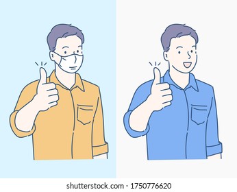 Young smiling businessman full body thumbs up, he wearing a medical mask. Virus protection concept idea. Hand drawn in thin line style, vector illustrations. (A Mask can be removable)