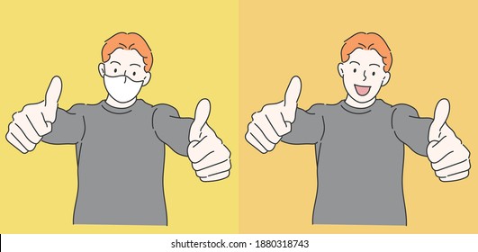 Young smiling businessman full body thumbs up, he wearing a medical mask. Virus protection concept idea. Hand drawn in thin line style, vector illustrations. (A Mask can be removable)