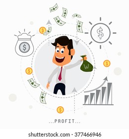 Young smiling Businessman holding money bag with infographic elements for Business Profit concept.