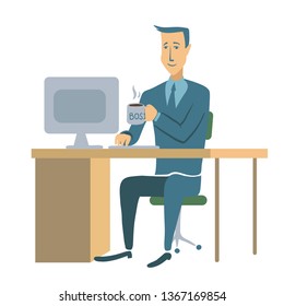 A young smiling businessman or office worker sitting at a table and working at a computer. Man character illustration, isolated on white background.