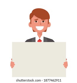 Young smiling businessman showing blank white poster. Vector illustration.
