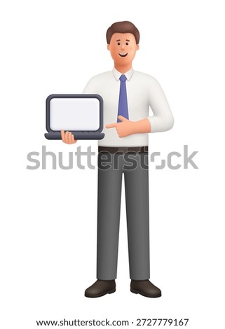 Young smiling businessman Ted holding and pointing at laptop with blank screen. Business presentation, technology promotion, online education concept. 3d vector people character. Cartoon minimal style.