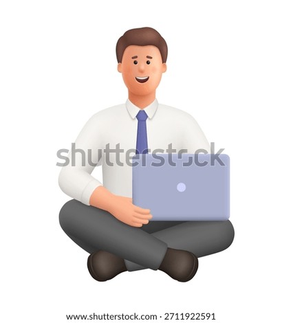 Young smiling businessman Ted sitting cross legged with laptop on her lap. Freelance, online learning, work at home and remote work concept. 3d vector people character. Cartoon minimal style.