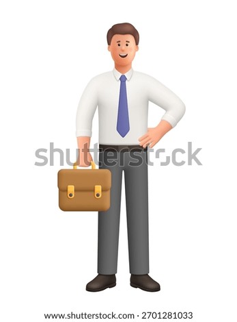 Young smiling businessman Ted standing with hand hip and holding briefcase. Business, office work, management and career success concept. 3d vector people character. Cartoon minimal style.