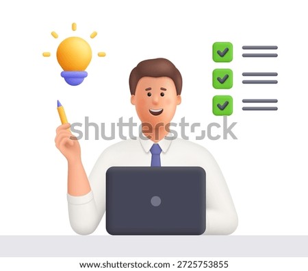 Young smiling businessman Ted working on laptop on task list with pencil and lightbulb. Creativity, planning, project and business idea. 3d vector people character. Cartoon minimal style.