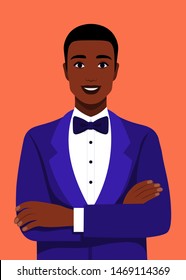 Joven hombre de negocios sonriente en un esmoquin y corbata con los brazos cruzados. Retrato de un africano exitoso en un traje. Ilustración plana del vector