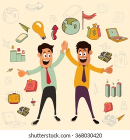 Young smiling Businessmen on colorful infographic elements background for Business concept.