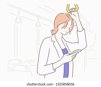 Young Smiling Businesswoman Using Smartphone While Traveling By Public Transport. Hand drawn style vector design illustrations.