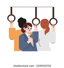 Young Smiling Businesswoman Using Smartphone While Traveling By Public Transport. Vector style design illustration isolated on white background