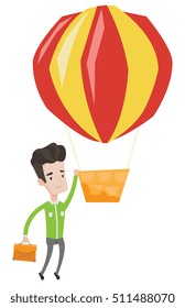 Young smiling caucasian employee flying away in a balloon. Hardworking employee hanging on a hot air balloon. Happy employee got promoted. Vector flat design illustration isolated on white background.