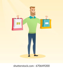 Young smiling caucasian man holding shopping bags. Happy hipster man with beard showing a lot of shopping bags with purchases. Vector flat design illustration. Square layout.