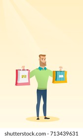 Young smiling caucasian man holding shopping bags. Happy hipster man with beard showing a lot of shopping bags with purchases. Vector flat design illustration. Vertical layout.