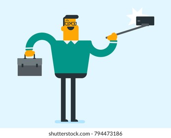 Young smiling caucasian white businessman holding briefcase and selfie stick and making selfie photo with flash on smartphone. Vector cartoon illustration.