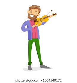 Young smiling caucasian white musician playing violin. Full length of cheerful violinist with a violin and fiddlestick. Vector cartoon illustration. Square layout.