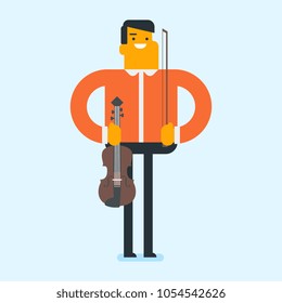 Young smiling caucasian white musician playing violin. Full length of cheerful violinist with a violin and fiddlestick. Vector cartoon illustration. Square layout.