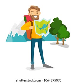 Young smiling caucasian white traveler with backpack looking at map. Happy backpacker searching right direction on a map. Vector cartoon illustration isolated on white background. Square layout.