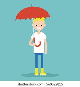 Young smiling character with umbrella wearing yellow rubber boots / flat editable vector illustration, clip art
